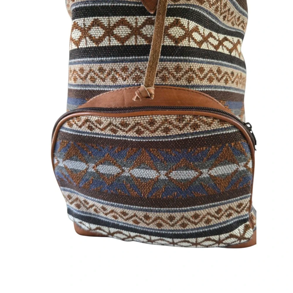 Womens Backpack Aztec Canvas Suede‎ Leather Flap Over Buckle Adjustable Brown